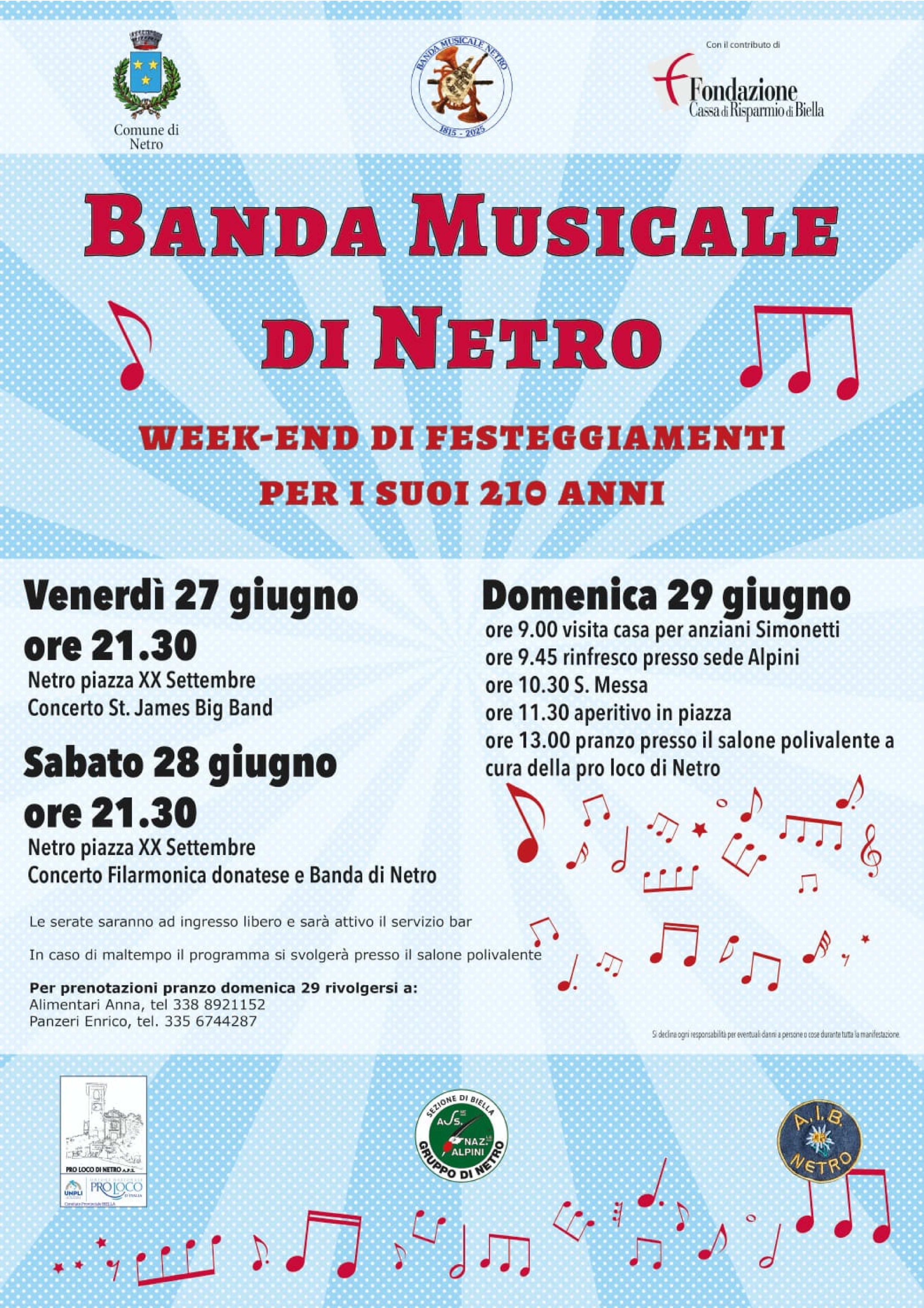 Week-end di festeggiamenti per i 210 anni della Banda Musicale di Netro